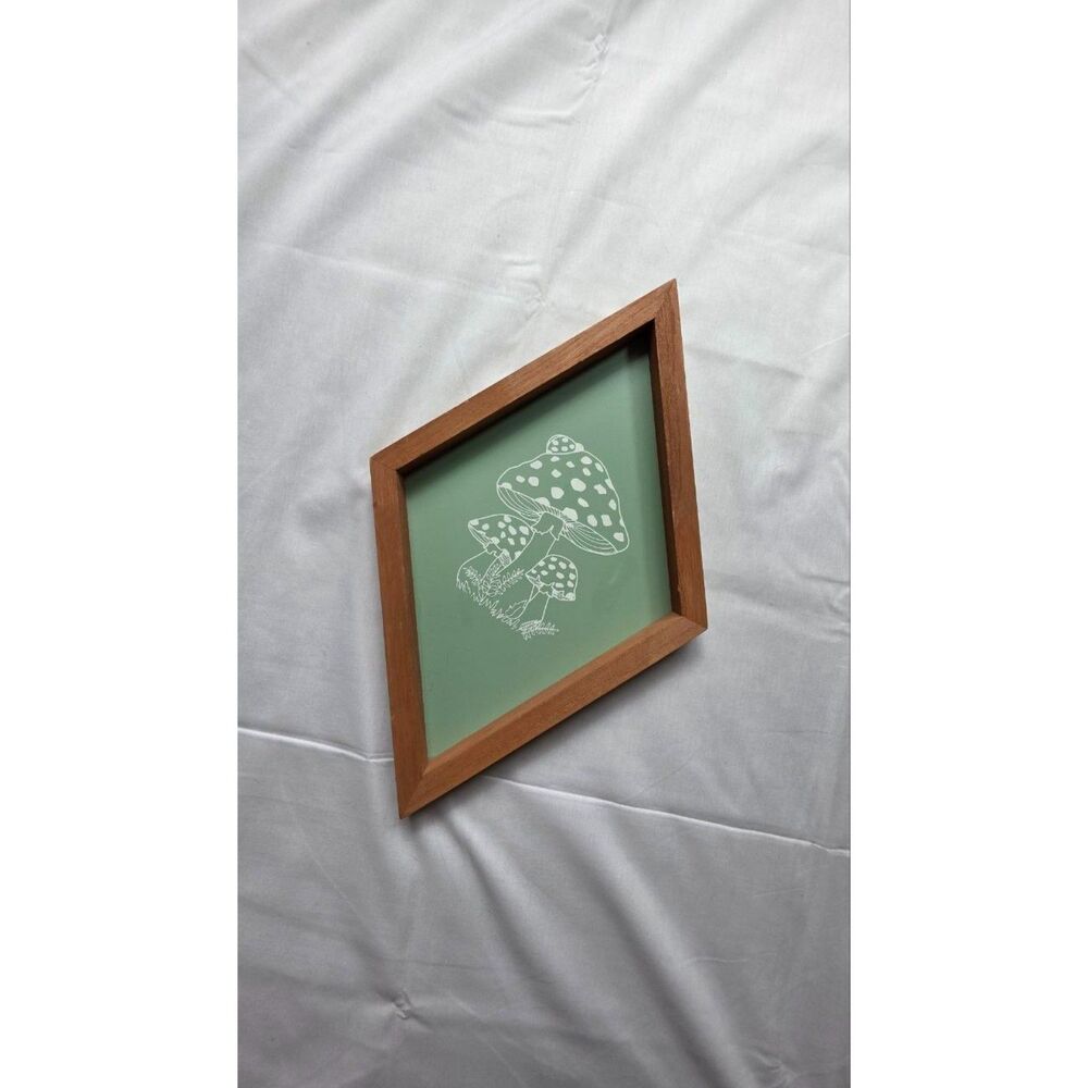 Lenkyin Mushroom Wall Decor 17x10.6 Green Wood Diamond Frame Cottagecore - Picture 2 of 3